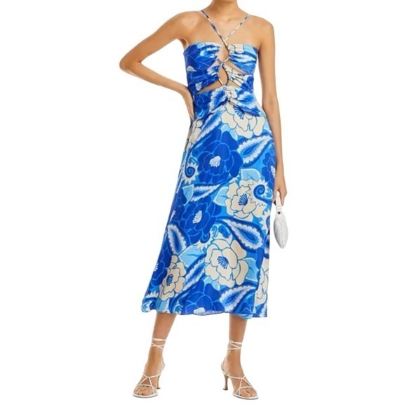 Farm Rio Nwt Women’s Size L Blue White Tropical Groove Cutout Detail Midi Dress